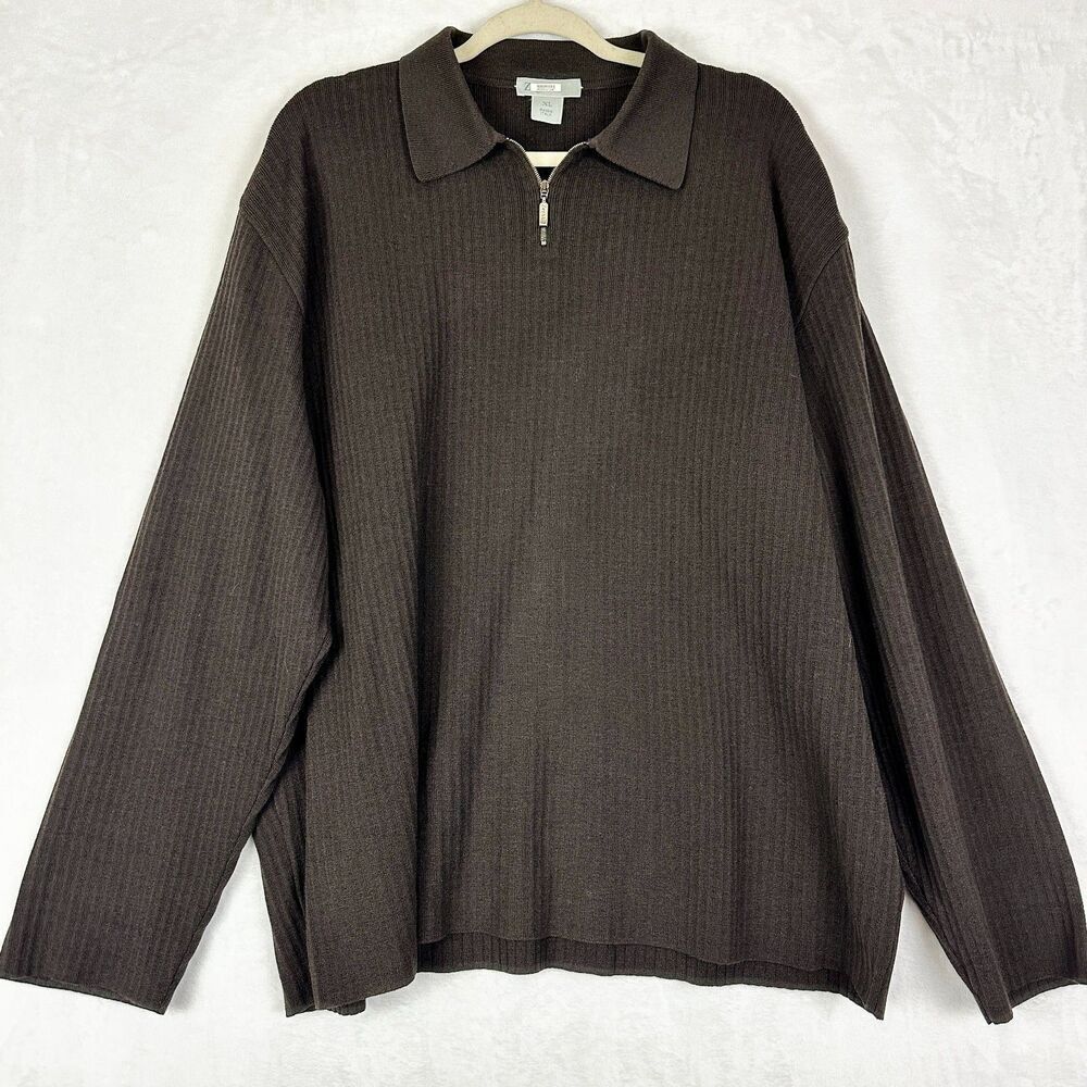 Zegna Sport Men's Wool Ribbed Knit Polo Sweater Size XL Brown 1/4 Zip Luxury